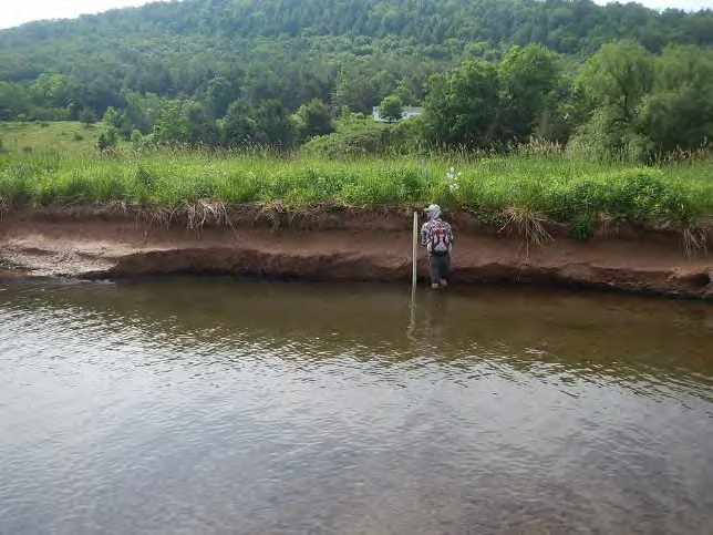 Researcher standing in Ouleout Creek measuring streambank with yard stick.